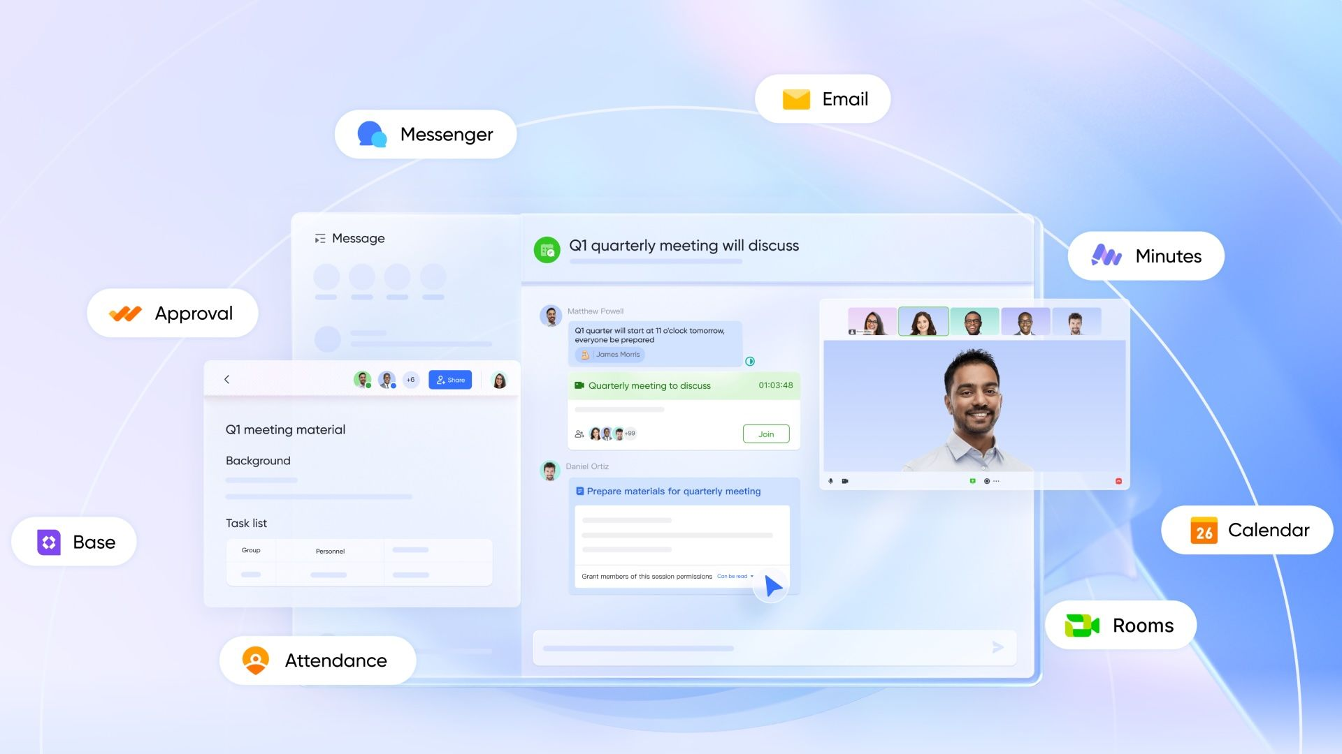 Ecossistema Feishu — Messenger, Docs, Calendar, Rooms, Base